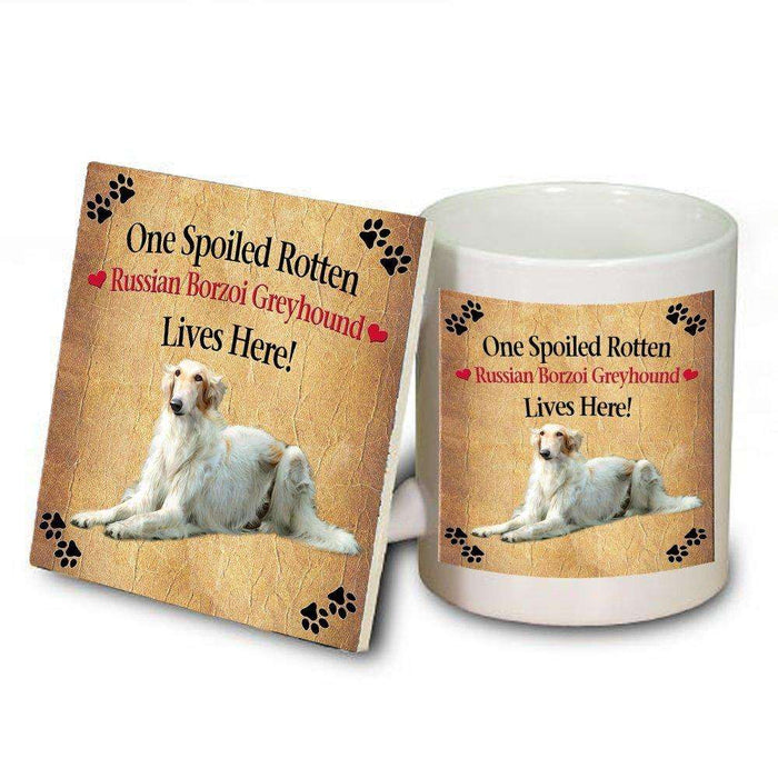 Russian Borzoi Greyhound Dog Spoiled Rotten Dog Mug and Coaster Set