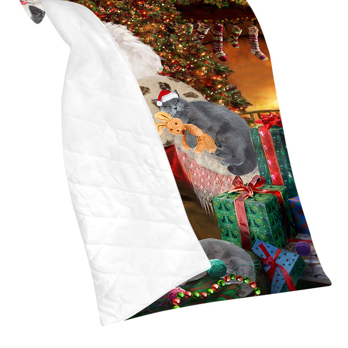 Santa Sleeping with Russian Blue Cats Quilt