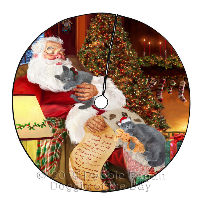 Santa Sleeping with Russian Blue Cats Christmas Tree Skirt