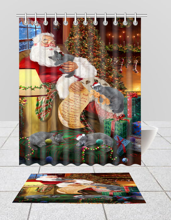 Santa Sleeping with Russian Blue Cats  Bath Mat and Shower Curtain Combo