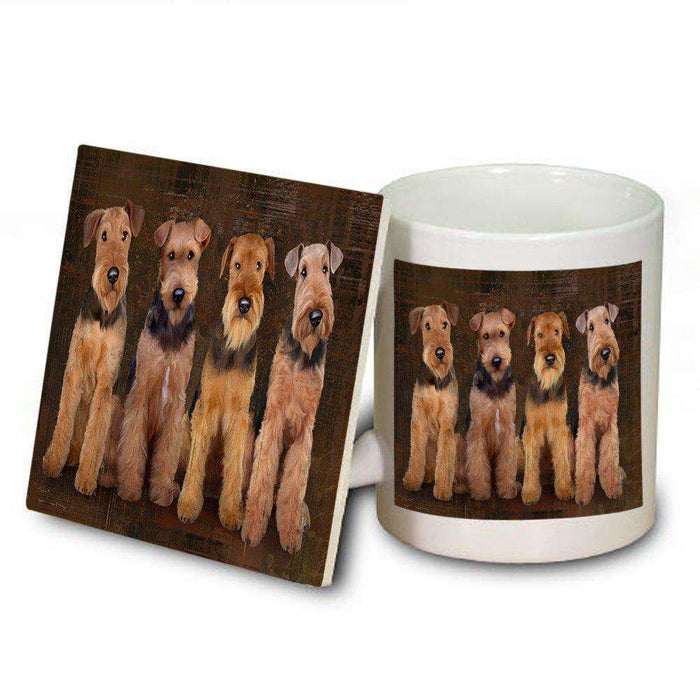 Rustic 4 Airedales Dog Mug and Coaster Set MUC48166