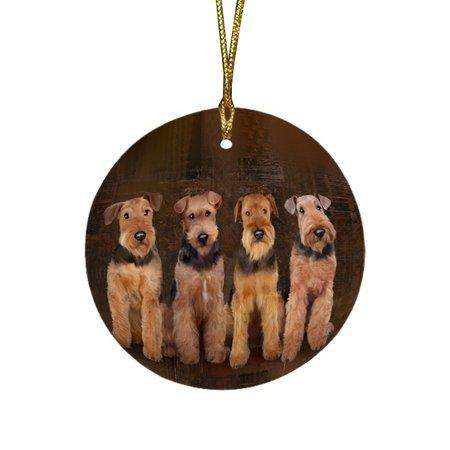 Rustic 4 Airedales Dog Round Christmas Ornament RFPOR48165