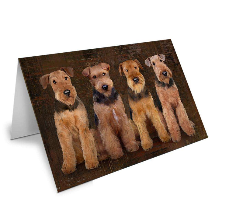 Rustic 4 Airedale Terriers Dog Handmade Artwork Assorted Pets Greeting Cards and Note Cards with Envelopes for All Occasions and Holiday Seasons GCD52742