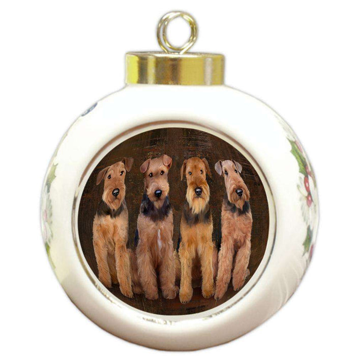 Rustic 4 Airedale Terriers Dog Round Ball Christmas Ornament RBPOR49571