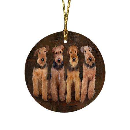 Rustic 4 Airedale Terriers Dog Round Flat Christmas Ornament RFPOR49562