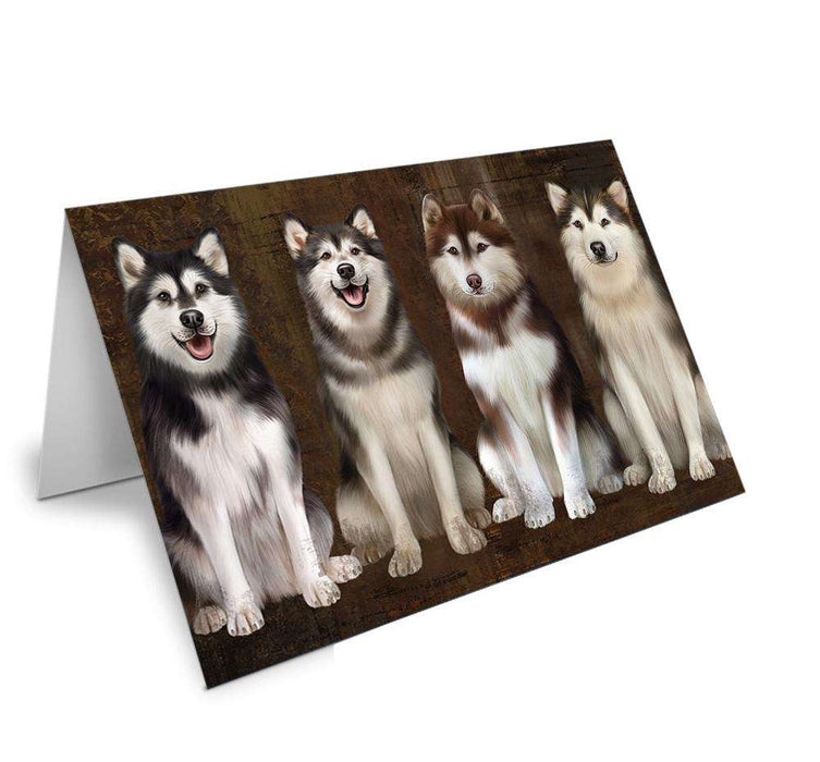 Rustic 4 Alaskan Malamutes Dog Handmade Artwork Assorted Pets Greeting Cards and Note Cards with Envelopes for All Occasions and Holiday Seasons GCD67088