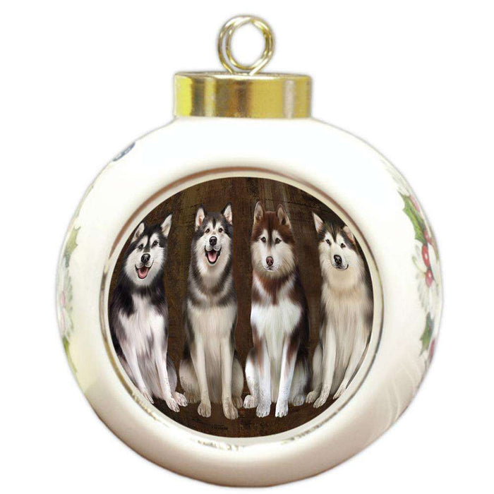 Rustic 4 Alaskan Malamutes Dog Round Ball Christmas Ornament RBPOR54353
