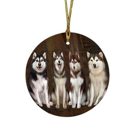 Rustic 4 Alaskan Malamutes Dog Round Flat Christmas Ornament RFPOR54344