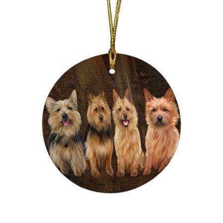 Rustic 4 Australian Terriers Dog Round Flat Christmas Ornament RFPOR54345