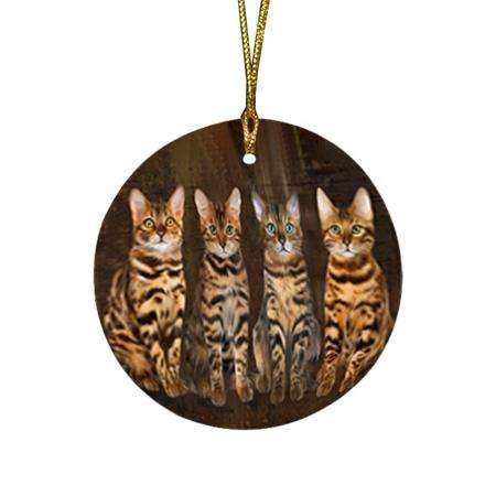 Rustic 4 Bengal Cats Round Flat Christmas Ornament RFPOR54346