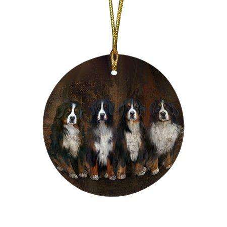 Rustic 4 Bernese Mountain Dogs Round Christmas Ornament RFPOR48196