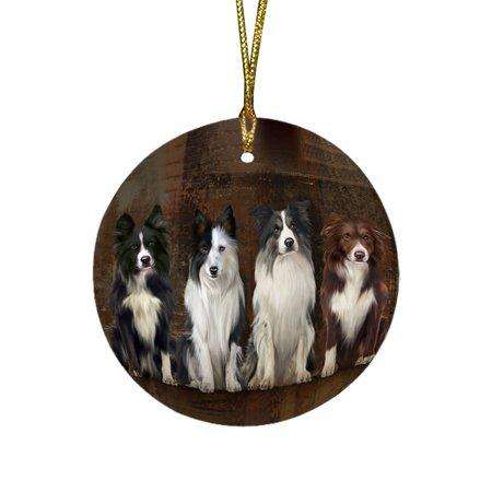 Rustic 4 Border Collies Dog Round Christmas Ornament RFPOR48166