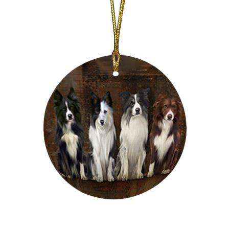 Rustic 4 Border Collies Dog Round Flat Christmas Ornament RFPOR50882