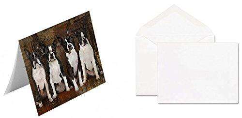 Rustic 4 Boston Terriers Dog Handmade Artwork Assorted Pets Greeting Cards and Note Cards with Envelopes for All Occasions and Holiday Seasons GCD49109