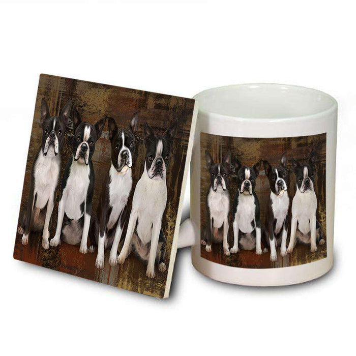 Rustic 4 Boston Terriers Dog Mug and Coaster Set MUC50884