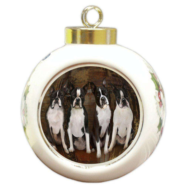Rustic 4 Boston Terriers Dog Round Ball Christmas Ornament RBPOR48176