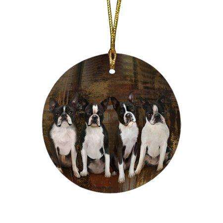 Rustic 4 Boston Terriers Dog Round Christmas Ornament RFPOR48167