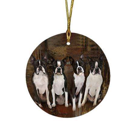 Rustic 4 Boston Terriers Dog Round Flat Christmas Ornament RFPOR50883