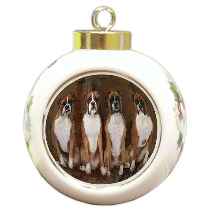 Rustic 4 Boxers Dog Round Ball Christmas Ornament RBPOR50893