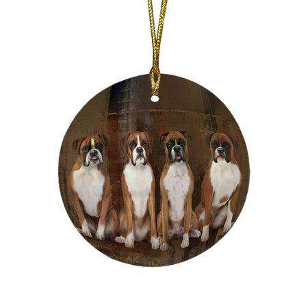 Rustic 4 Boxers Dog Round Christmas Ornament RFPOR48168