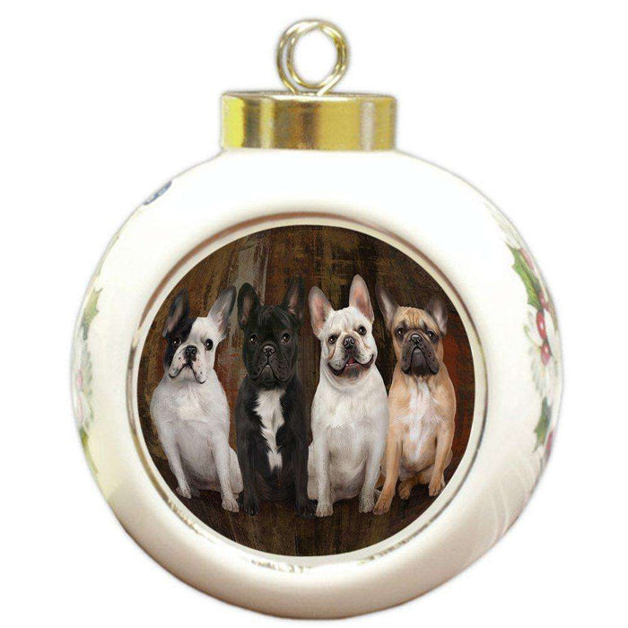 Rustic 4 French Bulldogs Round Ball Christmas Ornament RBPOR48181