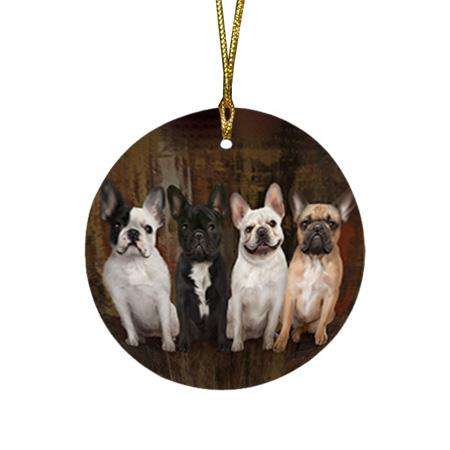 Rustic 4 French Bulldogs Round Flat Christmas Ornament RFPOR50887