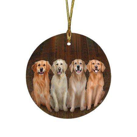 Rustic 4 Golden Retrievers Dog Round Christmas Ornament RFPOR48234