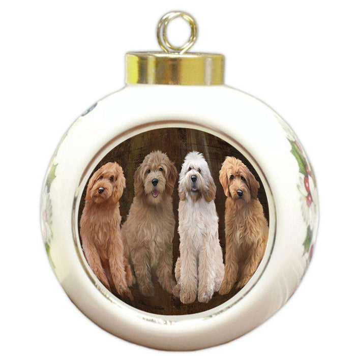 Rustic 4 Goldendoodles Dog Round Ball Christmas Ornament RBPOR54360