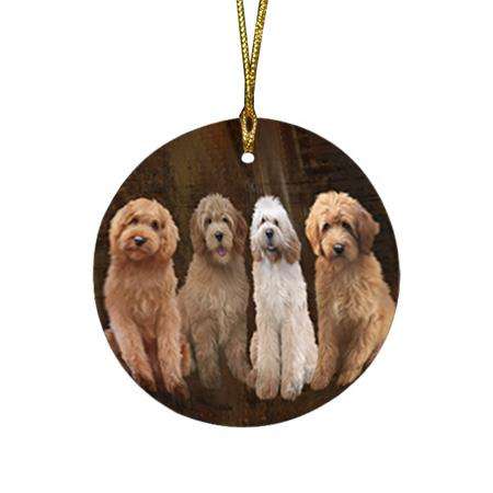 Rustic 4 Goldendoodles Dog Round Flat Christmas Ornament RFPOR54351