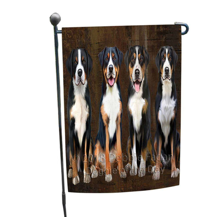 Rustic 4 Greater Swiss Mountain Dogs Garden Flag GFLG54423