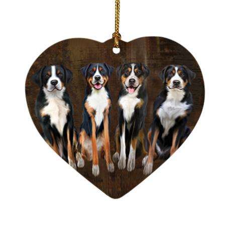 Rustic 4 Greater Swiss Mountain Dogs Heart Christmas Ornament HPOR54361