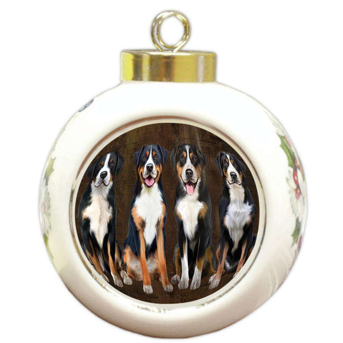 Rustic 4 Greater Swiss Mountain Dogs Round Ball Christmas Ornament RBPOR54361