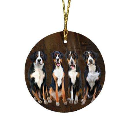 Rustic 4 Greater Swiss Mountain Dogs Round Flat Christmas Ornament RFPOR54352