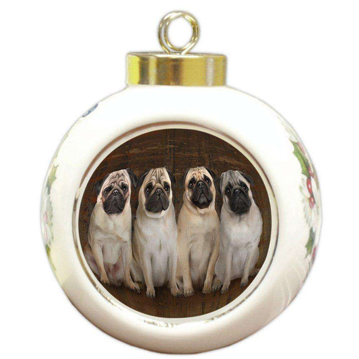 Rustic 4 Pugs Dog Round Ball Christmas Ornament RBPOR48255