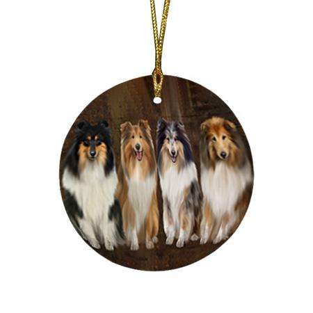 Rustic 4 Rough Collies Dog Round Flat Christmas Ornament RFPOR54356