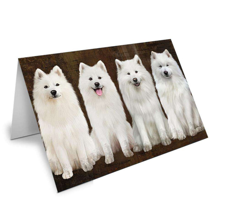 Rustic 4 Samoyeds Dog Handmade Artwork Assorted Pets Greeting Cards and Note Cards with Envelopes for All Occasions and Holiday Seasons GCD67127