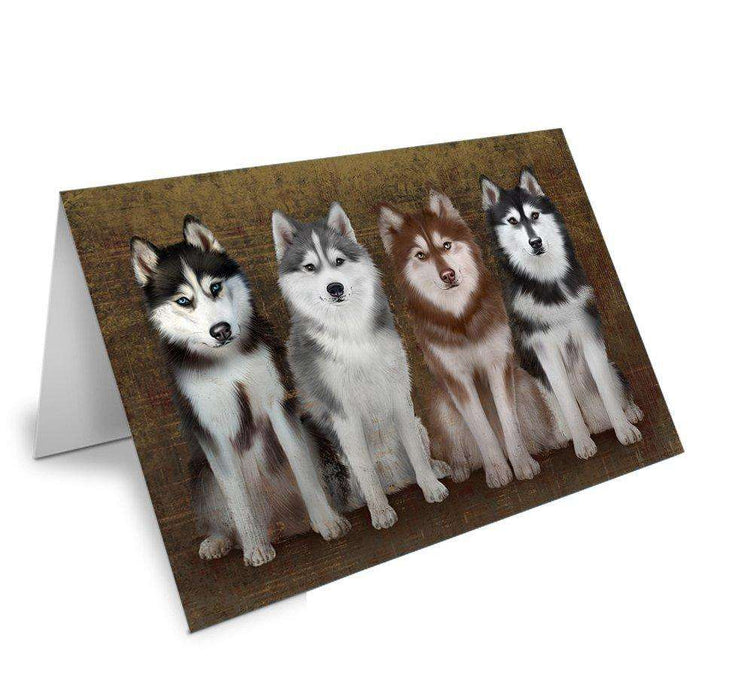 Rustic 4 Siberian Huskies Dog Handmade Artwork Assorted Pets Greeting Cards and Note Cards with Envelopes for All Occasions and Holiday Seasons GCD48773