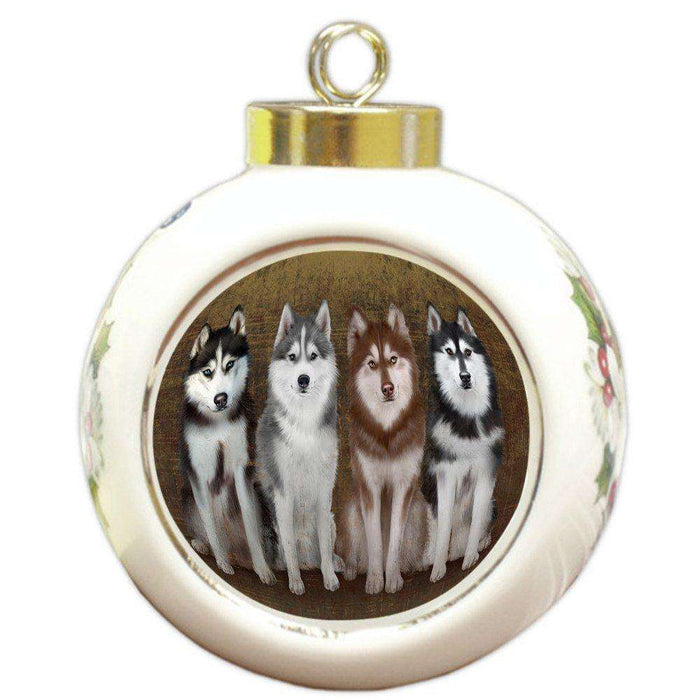Rustic 4 Siberian Huskies Dog Round Ball Christmas Ornament RBPOR48265