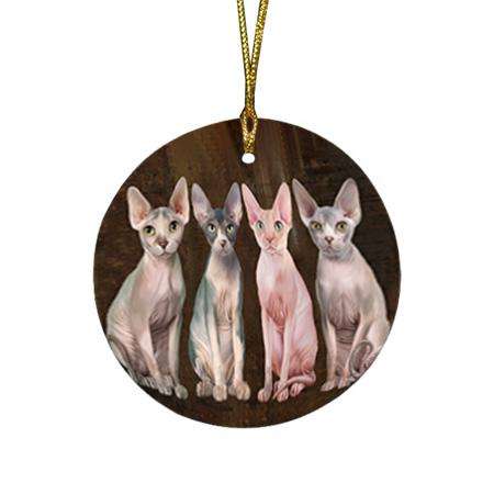 Rustic 4 Sphynx Cats Round Flat Christmas Ornament RFPOR54360