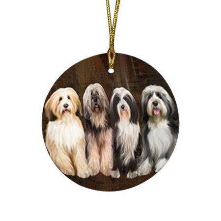 Rustic 4 Tibetan Terriers Dog Round Flat Christmas Ornament RFPOR54363