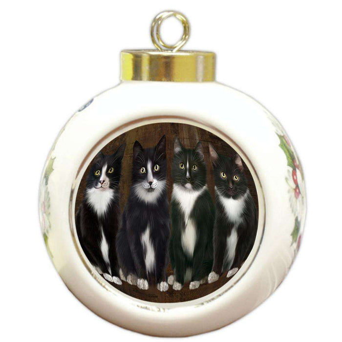Rustic 4 Tuxedo Cats Round Ball Christmas Ornament RBPOR54373