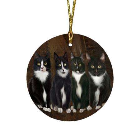 Rustic 4 Tuxedo Cats Round Flat Christmas Ornament RFPOR54364