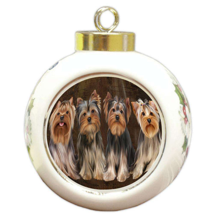 Rustic 4 Yorkshire Terriers Dog Round Ball Christmas Ornament RBPOR54375