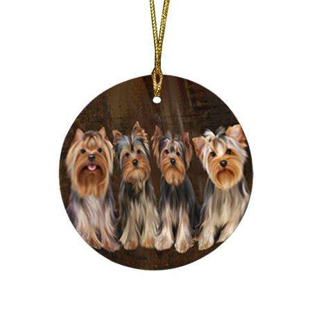Rustic 4 Yorkshire Terriers Dog Round Flat Christmas Ornament RFPOR54366