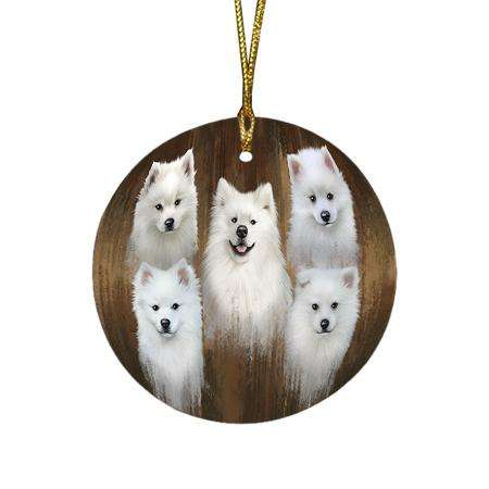 Rustic 5 American Eskimos Dog Round Flat Christmas Ornament RFPOR49432