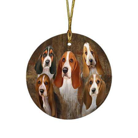 Rustic 5 Basset Hounds Dog Round Flat Christmas Ornament RFPOR49437