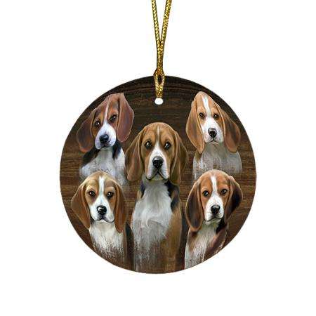 Rustic 5 Beagles Dog Round Flat Christmas Ornament RFPOR49438