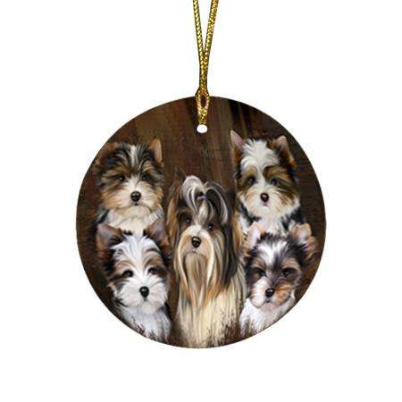 Rustic 5 Biewer Terrier Dog Round Flat Christmas Ornament RFPOR54118