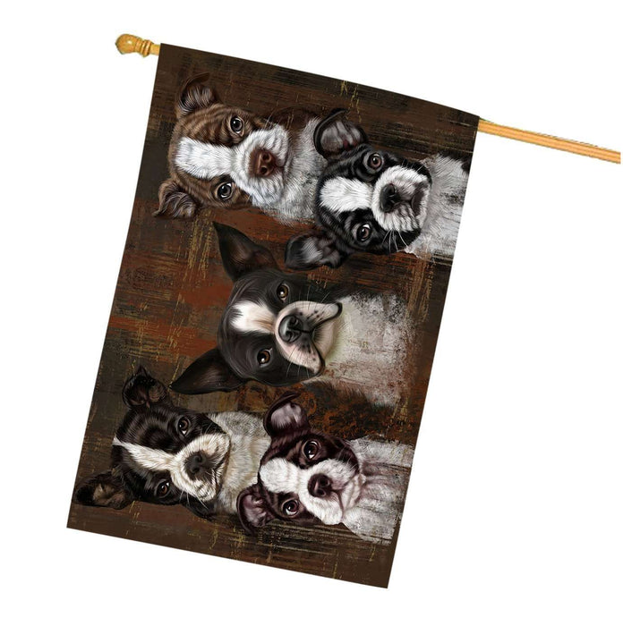 Rustic 5 Boston Terriers Dog House Flag FLG48337