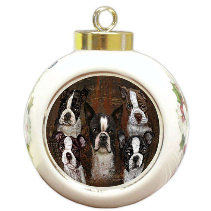 Rustic 5 Boston Terriers Dog Round Ball Christmas Ornament RBPOR48189